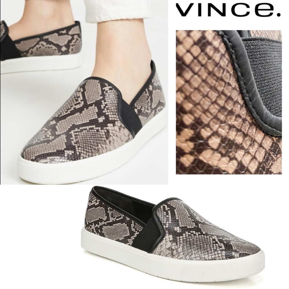 $225‼️VINCE. Blair Animal Snake Print Leather Slip On Sneakers Shoes Brown Comfy